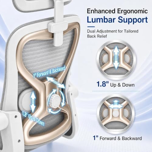 Ergonomic Office Chair for Long Hours and Back Pain Relief, Space-Saving Design with Adjustable Lumbar Support, Flip-Up Arms, 3D Headrest, Tilt & Rock, 330 LBS, Gray/Gold