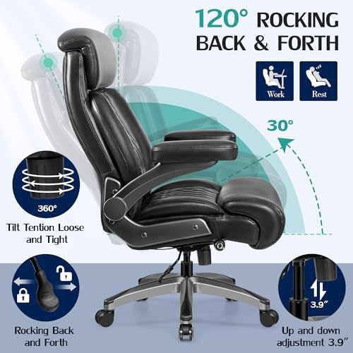 HeroSet 500lbs Executive Office Chair, Big and Tall Home Desk Chairs for Large People, Heavy Duty PU Leather Computer Gaming Chair with Adjustable Lumbar Support & Armrests, Thick Padding for Comfort