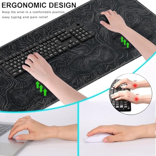Keyboard Wrist Rest and Mouse Pad with Wrist Support Set Ergonomic Coaster,Memory Foam,Easy Typing Pain Relief,Large XL Desk Mat 31.5"x 11.8",Topographic Contour