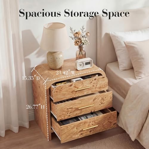 Night Stand [Unique Curved Profile] [FSC-Certified Wooden Board] 3-Drawer Nightstand 24" H Metal Handle Modern Bedside Table