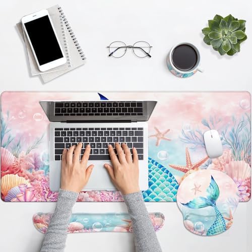 Britimes Keyboard Mouse Pad Set, 4 in 1 Desk Mat Set, Mermaid Pink Cute