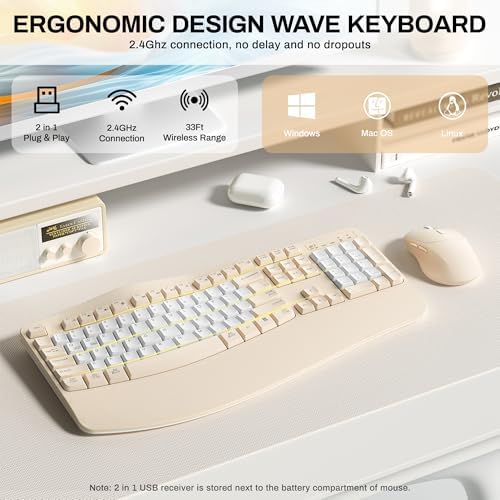 Wireless Keyboard and Mouse Combo,2.4G Ergonomic Wave Keys(Latte Color-B)