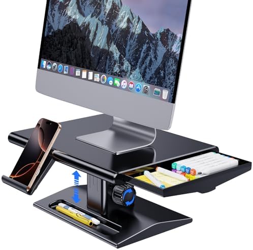Computer Monitor Stand Riser for Desk,5.7-6.5 Inches Height Adjustable with Storage Drawer & Phone Holder,Workspace Desktop Organizer Monitor Stands Risers Shelf for Computer,Laptop,Printer,TV