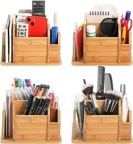 yarlung Bamboo Rotating Remote Control Holder for Table, 7 Compartments Office Supplies Organizer 360° Spinning Desktop Storage Caddy for Pen, Colored Pencil, Book Sewer, Sticky Notes