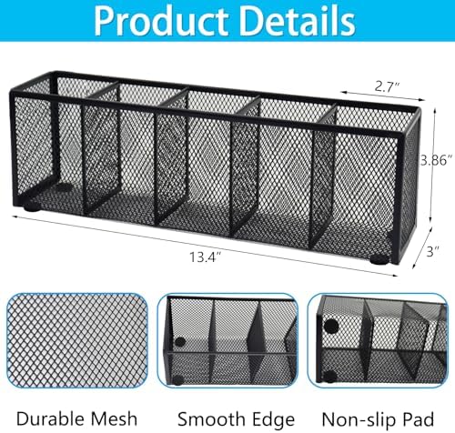 Black Mesh Pen Pencil Holder, Small Metal Desk Organizer Desktop Stationery Office Supplies Acessories Storage Stand, 5 Compartments Brushes Holder for Home School Classroom Teachers