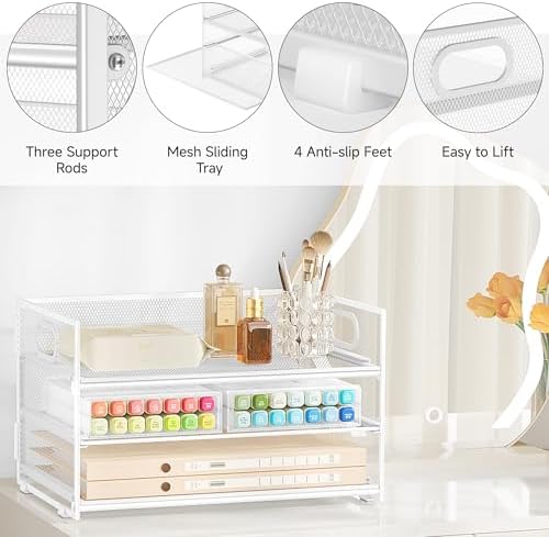 Subekyu 3 Tier Letter Tray Paper Organizer with Handle, 1 PC Sliding Tray, White Metal Mesh Desk File Folder Paper Sorter Organizer for Home Office School Desk Supplies Organization Storage