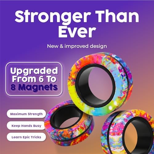 BUNMO Magnetic Fidget Rings 3pk – Cool Fidgets for Teens, Quiet Fidget Toys, Fidget Toys Adults, Maximum Strength 8 N50 Magnets, Learn Cool Tricks, Teen Gifts, Fidgets for Kids 8-12, Rainbow