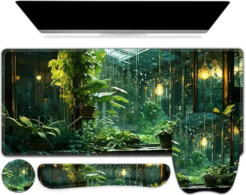 Large Mouse Pad with Wrist Support 4 in1 Set, XXL Big Game Mousepad + Keyboard Wrist Rest+Mouse Wrist Rest Pad +Coaster Gaming Mat for Women Men Home Office Computer I Green Plants Romantic Rain