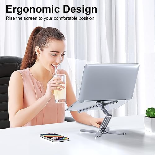 LIENS Adjustable Laptop Stand with 360 Rotating Base, Aluminum Laptop Riser for Desk Foldable, Ergonomic Notebook Stand Holder Compatible with iPad and MacBook/All Laptops up to 16 inches - Silver