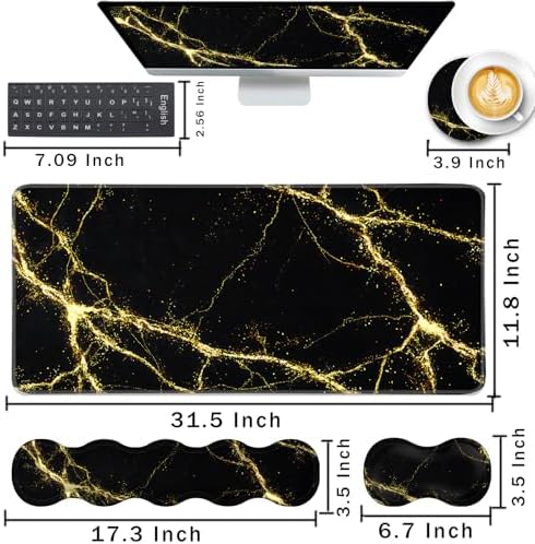 Keyboard Wrist Rest and Mouse Pad with Wrist Support Set Ergonomic Coaster,Memory Foam,Easy Typing Pain Relief,Large XL Desk Mat 31.5"x 11.8",Black Marble