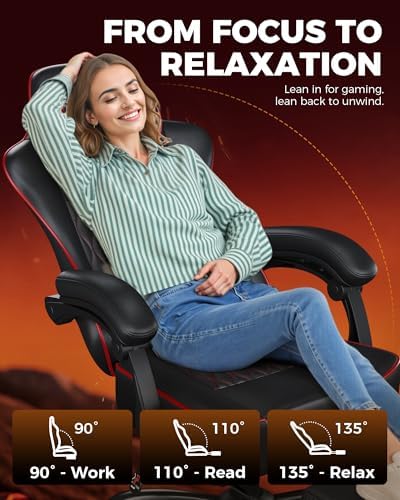 GTPLAYER Big and Tall Gaming Chair with Footrest, Ergonomic Office Desk Chair with 4.4in Thick Cushion and Wide Wingless Seat, Comfortable Leather Computer Chair, Predator Series, Black & Red Quilted