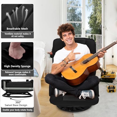 Swivel Gaming Chair Multipurpose Floor Gaming Chair for Gaming, TV, Reading w/6 Adjustable Postion Backrest, Armrest Lumbar Support & for Adults, Black