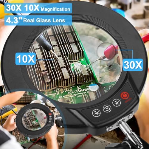 30X 10X Magnifying Glass with Light and Clamp, Real Glass Lighted Magnifier, 5 Color Modes Stepless Dimmable LED Desk Lamp Hands Free for Crafts Hobby Reading Painting Sewing Close Work Black