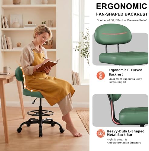 Armless Drafting Chair with Back, Tall Office Chair for Standing Desk, PU Faux Leather,Footrest Ring,Adjustable Height,360°Wheels for Bar Home Office