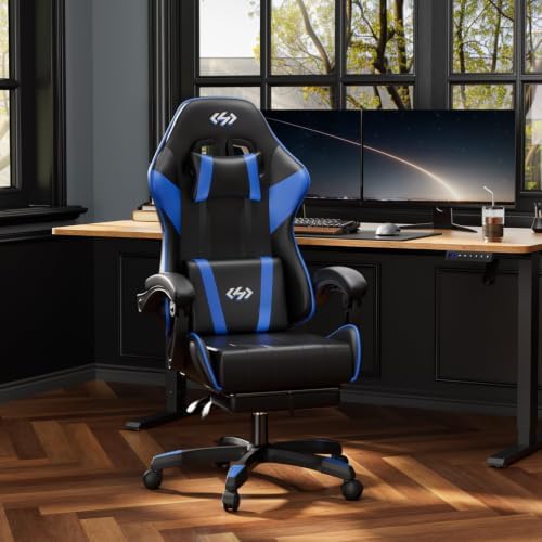 HLDIRECT Gaming Chair with Footrest, Lumbar Support & Headrest, Black&Blue