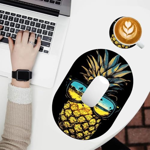 Small Mouse pad, Portable, Waterproof Non-Slip Rubber Bottom, Suitable for Wireless Mouse, Laptop Keyboard Tray for Both Men and Women, Office Travel 7.1x10.6in，Pineapple with Sunglasses
