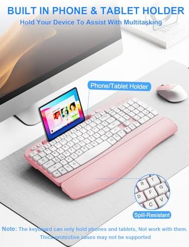 Hayyiesh Ergonomic Wave Keys Wireless Keyboard and Mouse Combo, Full Size with Memory Foam Wrist Rest & Phone Holder, 2.4G Cordless Set with USB-C Adapter for Windows Mac Desktop Laptop (Pink)
