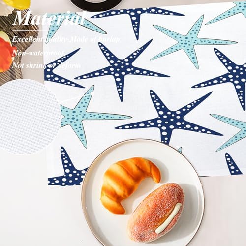 Shrahala Nautical Starfish Placemats, Table Mat Linen Burlap Washable Double-Deck Heat Insulation for Dining Table Kitchen Table Set of 4 (12 x 18 inch),Sky Blue White Navy Sea Star