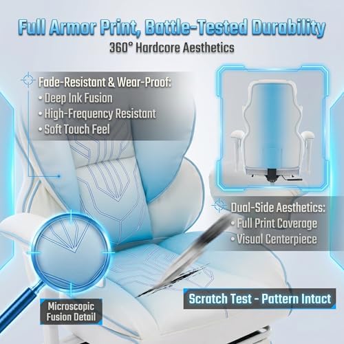 Comfy Office Desk Chair, White‑Blue Aesthetic Chair with Footrest