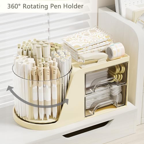 Rotation Pen Holder for Desk Cute Pencil Cup Pot Desktop Organizer and Accessories for Girls Kids Makeup Brush Holder (Beige)