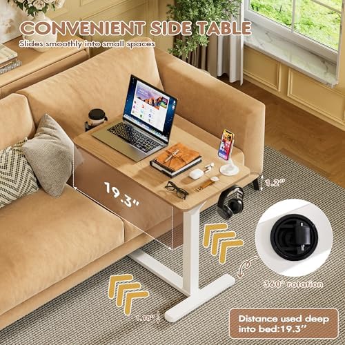 Furmax Mobile Standing Desk with Wheels, Pneumatic Adjustable Rolling Computer Desk Laptop Table for Bed, Couch (Maple, Small)