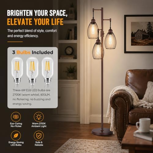 Nintiue Dimmable Floor Lamp,3x800LM LED Bulbs Included, Farmhouse Industrial Floor Lamp Standing Tree Lamp with Teardrop Cage Head Tall Lamp for Living Room Bedroom Office Dining Room - Matte Brown