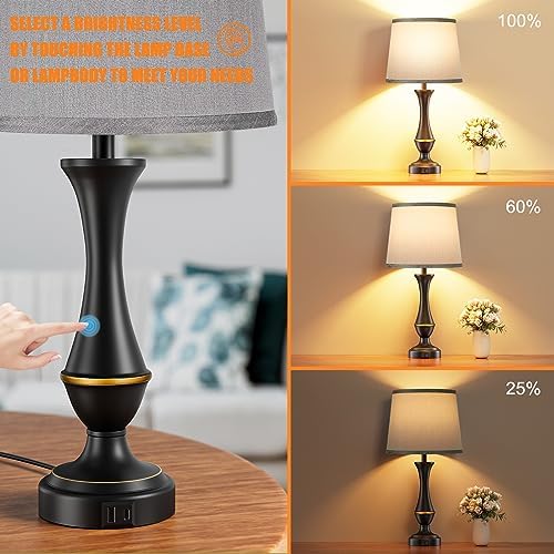 Touch Lamps for Nightstand, 3 Way Dimmable Lamps for Bedroom with USB C+A