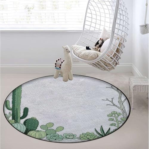 Cactus Succulent Anti-Slip Gaming & Office Chair Mat for Hardwood Floors, Line Art Style Desk Chair Floor Protector,Protect The Floor from Scratches Green White Diameter 47.2 in