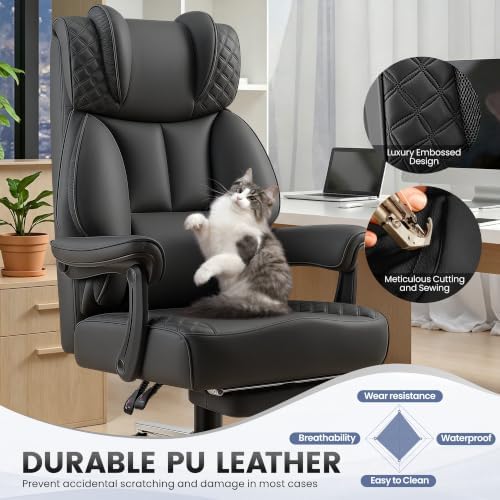 BestGlory Office Desk Chair, Big and Tall Leather Gaming Chair with Footrest, Ergonomic Comfy Executive High-Back Reclining Computer Chairs, Wide Swivel Rolling Wheels and Padded Lumbar Support, Black