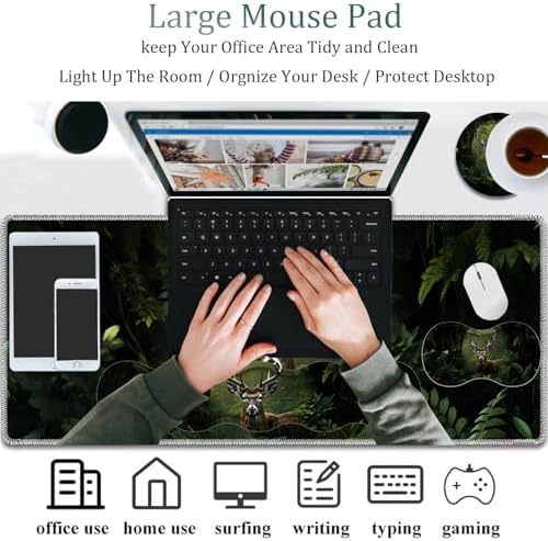 4 in 1 Mouse Pad Combo, Large Gaming Mouse Pad + Keyboard Wrist Support + Mouse Wrist Rest + Coaster, Table Pad 31.5 "x 11.8" with Memory Foam Ergonomic Wrist Pad Set, Camouflage Forest Deer