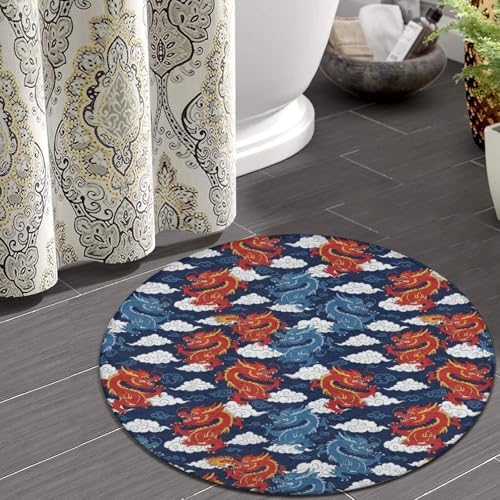 Large Home Decor Mat, Soft Round Yoga Carpet, Non Slip Machine Washable Kitchen Office Circle Rug Cool Japanes Dragons, 60inch