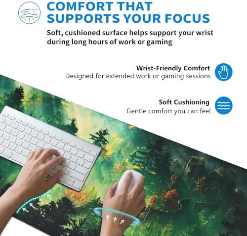 Extended Mystic Forest Desk Mat, XL Large Gaming Mouse Pad, Green Landscape Stitched Edges Waterproof with Non-Slip Rubber Base for Computer Keyboard Laptop Work Home Office 31.5"x11.8"