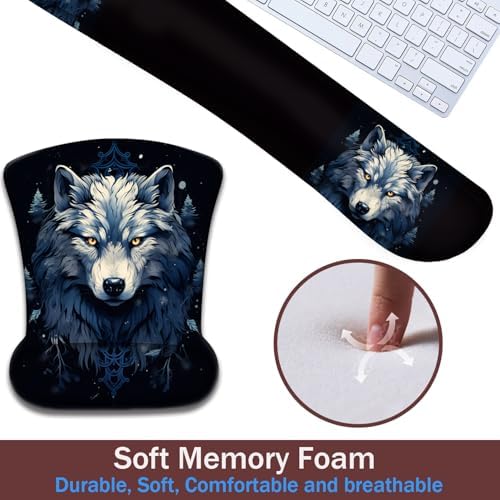 Keyboard Wrist Rest and Mouse Pad Wrist Support with Lace-Shaped Coaster Set, Ergonomic Gel Memory Foam and Anti-Slip Base, Easy Typing and Pain Relief - Night Moon Wolf