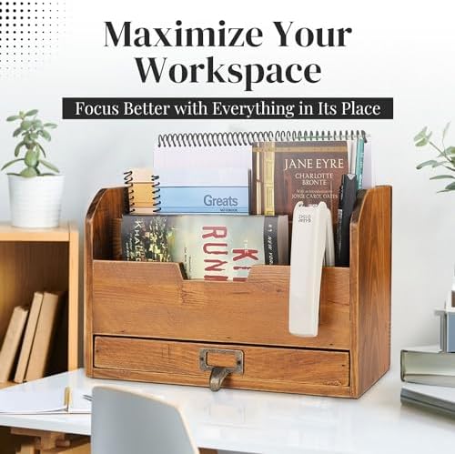 Flexzion 3 Tier Wooden Desk Organizer - Country Rustic Compartments Slot File Tray Pencil Sorter Shelf Holder Supplies Rack Accessories Set with Storage Drawer for Desktop Tabletop Office Home Brown
