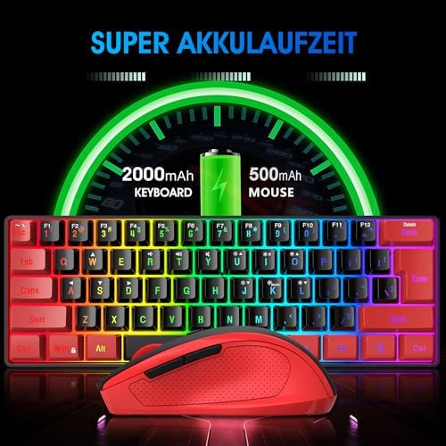 Snpurdiri 2.4G 60% Wireless Gaming Keyboard and Mouse Combo, Red-Black