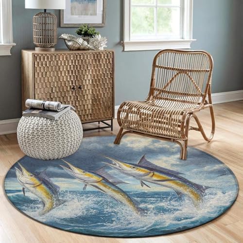 Room Sofa Yoga Soft Round Carpet, Home Decor Non Slip Kitchen Office Circle Rug, Machine Washable Modern Round Area Rug Whimsical Fish Painting, 60inch