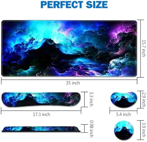 AIMSA Keyboard Mouse Pad Wrist Rest Set, Extended Desk Mat+ Ergonomic Mouse Pad with Wrist Rest+ Keyboard Wrist Support+ Coaster, 35x15.7in Large Mousepad for Home Office, Nebula Galaxy
