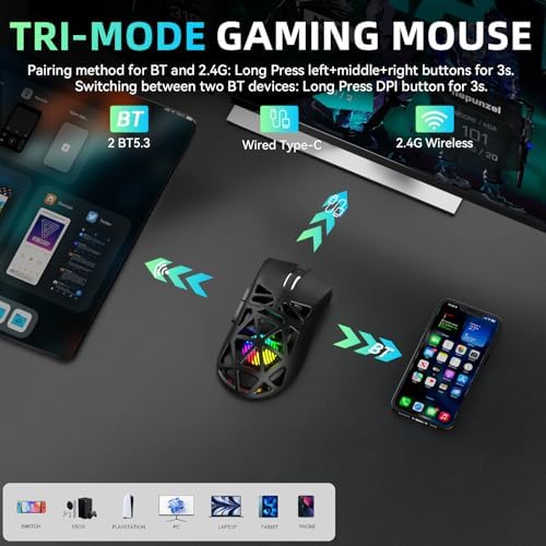 Aula SC620 Wireless Gaming Mouse, Tri-Mode 2.4GHz/USB-C/BT5.3 Computer Mouse with 12000 DPI, Programmable Macro Gamer Mouse with Rapid Fire Key, RGB Light Gaming Mice for PC/Laptop/Mac(Black)