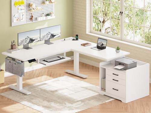 SEDETA L Shaped Standing Desk with File Cabinet, 3 Drawers, Power Outlet