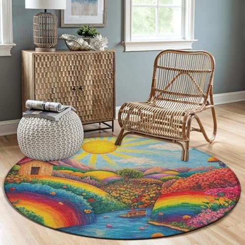 Home Decor Non Slip Kitchen Office Circle Rug, Machine Washable Modern Round Area Rug, Room Sofa Yoga Soft Round Carpet Colorful Red Cottage Landscape Art, 24inch