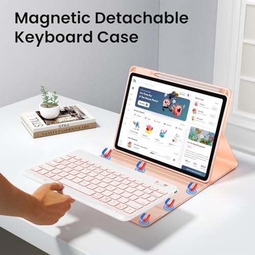 Keyboard case for ipad Air 11 inch(M2 2024)/10.9 Inch Air 5th 4th Generation & iPad Pro 11 inch (1st/2nd/3rd/4th Gen)-Backlit Detachable Keyboard, Folio Cover with Upper Easily Pencil Holder-(Pink)