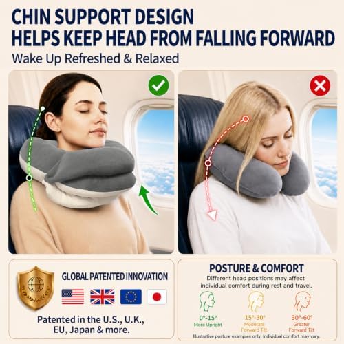 BUYUE Travel Neck Pillows for Airplanes, Memory Foam 360° Head Support Sleep for Long Flight, Skin-Friendly & Breathable, Kit with Eye Mask, Earplugs and Storage Bag (Adult, Grey, 90+ lbs)