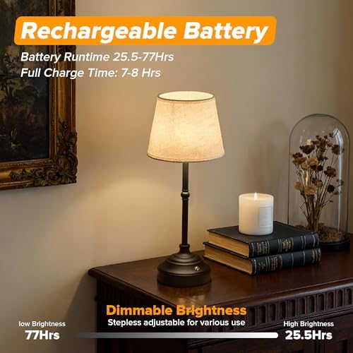 2 Pack Cordless Table Lamp, Rechargeable Desk Lamp with Fabric Shade, Battery Operated 3 Color Stepless Dimming, Small Touch Bedside Lamp Home Decor for Dining, Counter(Matte Black)