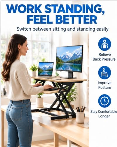 Standing Desk Converter, Adjustable Dual Monitor Riser, Natural