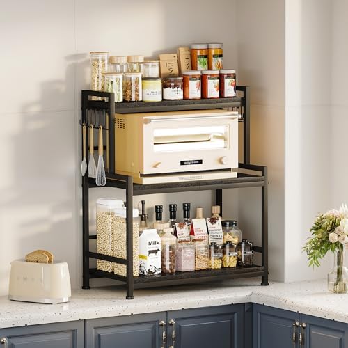 23.6"W Large Kitchen Countertop Organizer, 3 Tier Spice Rack Organizer with Adjustable Shelf and 10 Hooks, Wooden Counter Organizer, Countertop Shelf Microwave Stand for Kitchen, Coffee Bar, Black