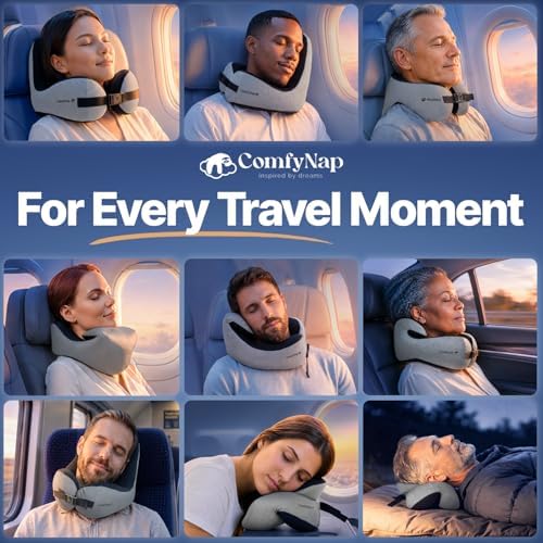 ComfyNap® Versatile Travel Neck Pillow for Airplane [Patented], 9 Positions in 3 Techniques, Plane Pillow with Pure Memory Foam, Travel Pillow with HeadRest Flight Sleep, Travel Essential - Moon