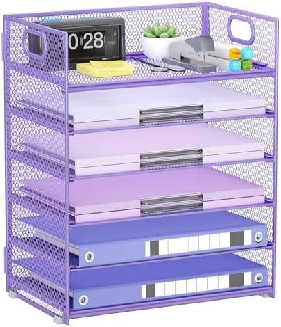 Purple Paper Organizer for Desk with Handle, 6-Tier