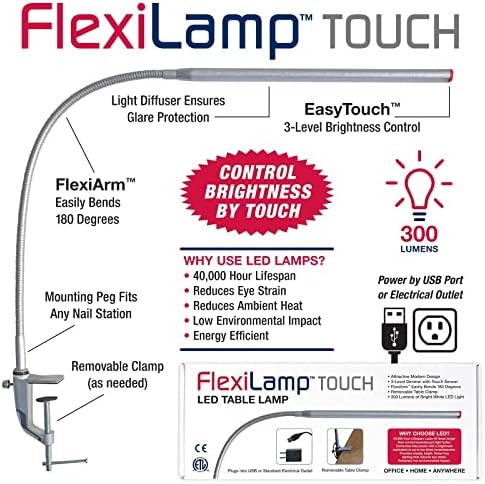 Americanails FlexiLamp Touch - LED Table Desk Lamp - Removable Clamp - Adjustable Lighting for Nail Stations - Manicure Table Light - Flexible Arm – 3 Brightness Levels - Touch Sensor - 300 Lumens