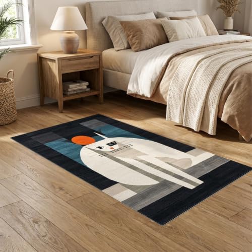 5'x7' Black White Cat Artistic Feline Design Washable Area Rug