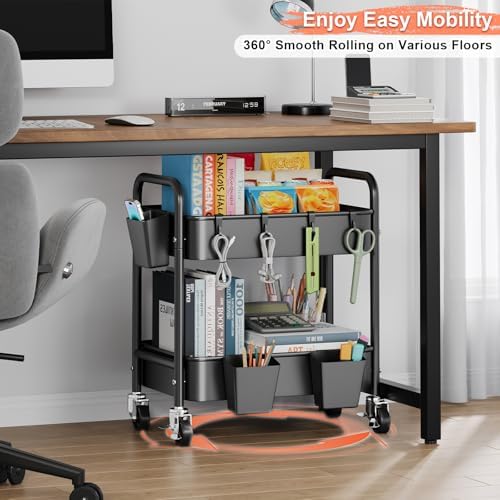2 Tier Small Rolling Cart Metal with Wheels, Black Under Desk Storage Carts